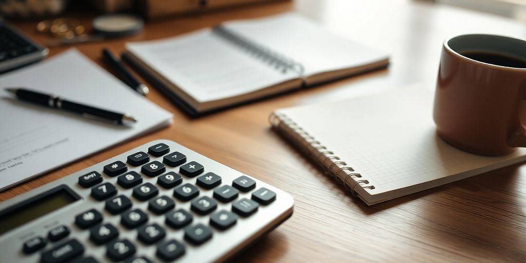 Calculating on a desk with a notebook and coffee.