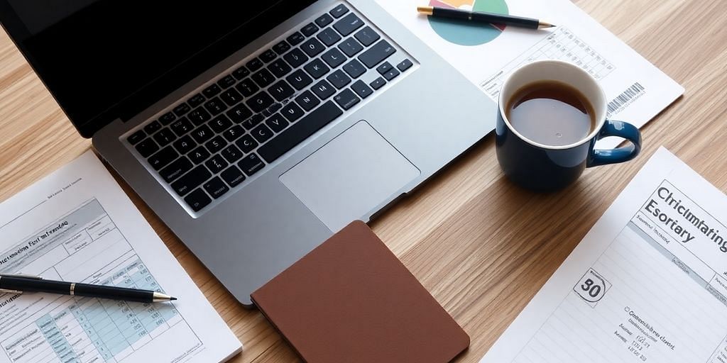 Workspace with laptop, notebook, and financial documents.