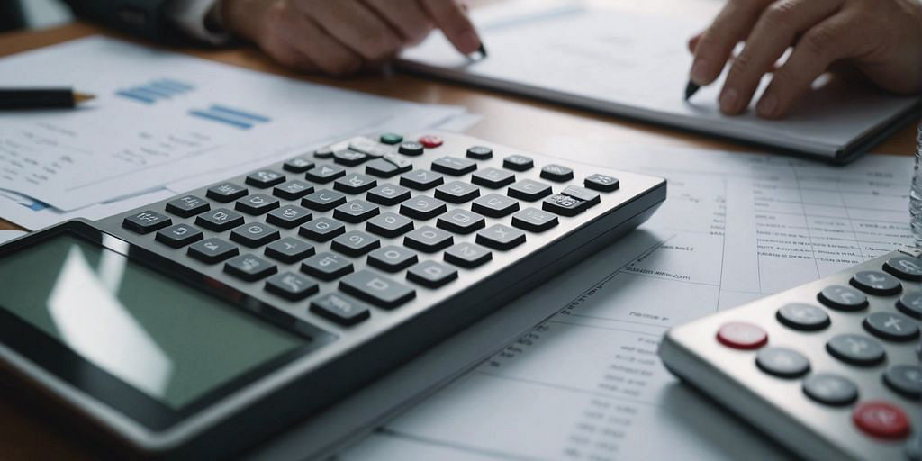 Business setting with financial documents and calculator representing fractional CFO cost analysis.