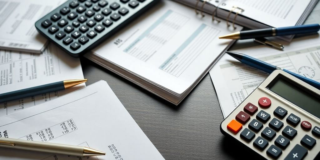 Accounting and bookkeeping tools in a professional workspace.
