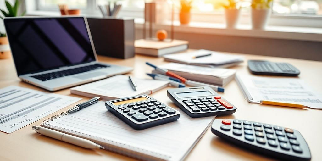 Professional workspace with accounting tools and a laptop.