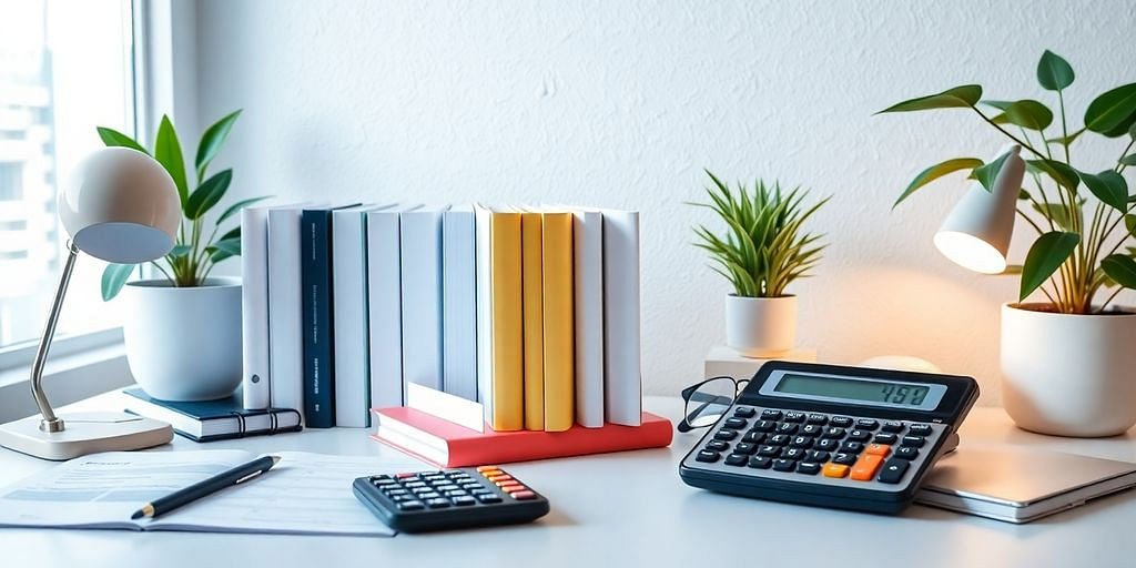 Workspace with accounting books, planners, and a calculator.