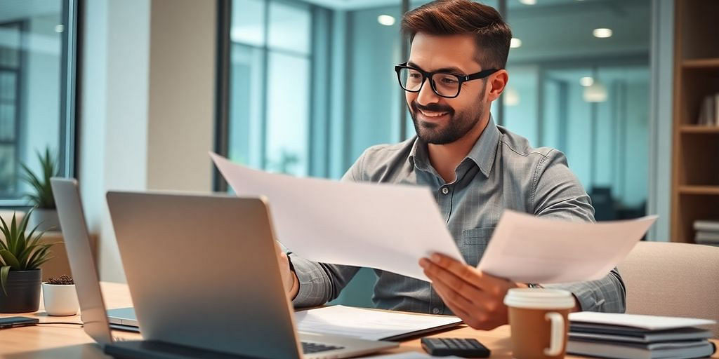 Entrepreneur reviewing financial documents in a modern office.