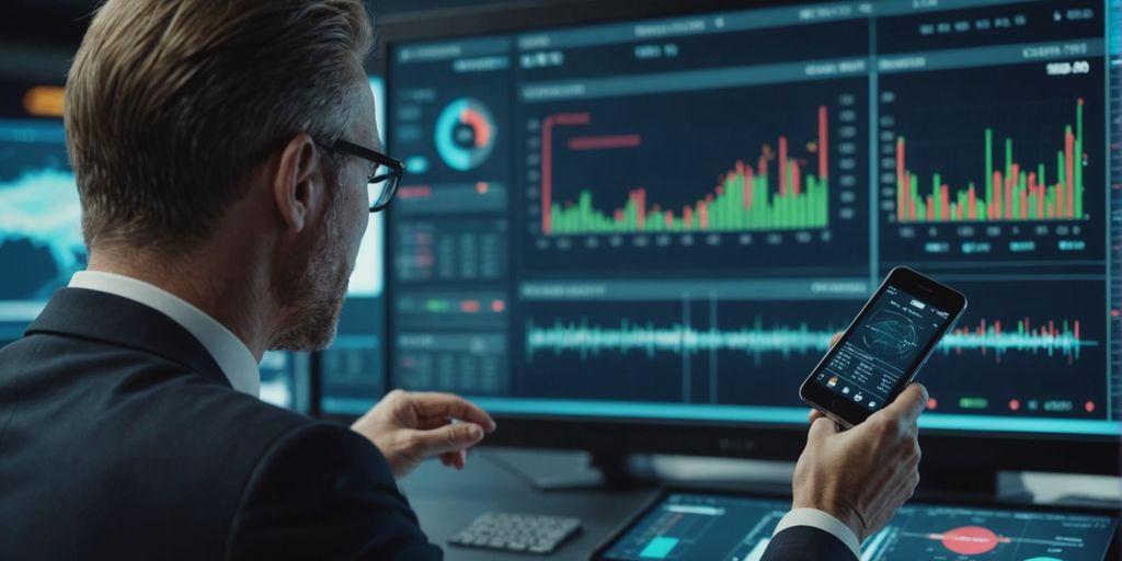 CFO reviewing futuristic financial data on a digital screen.