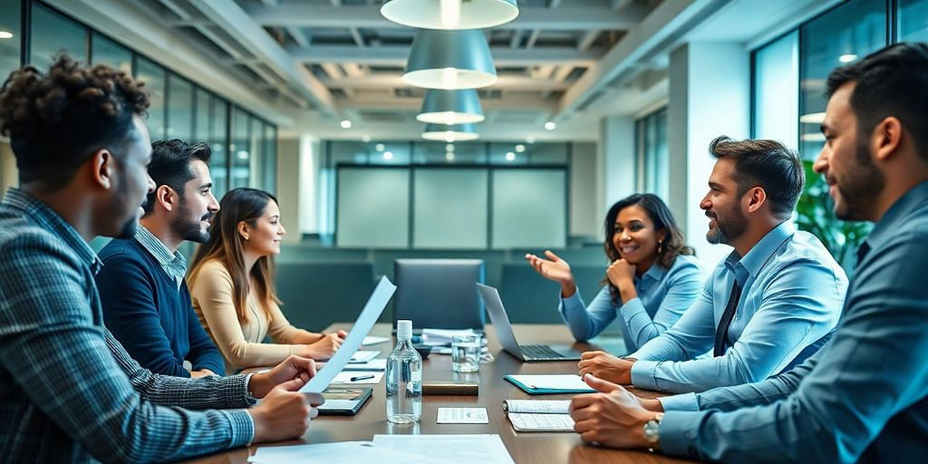 Diverse professionals in a meeting discussing financial strategies.