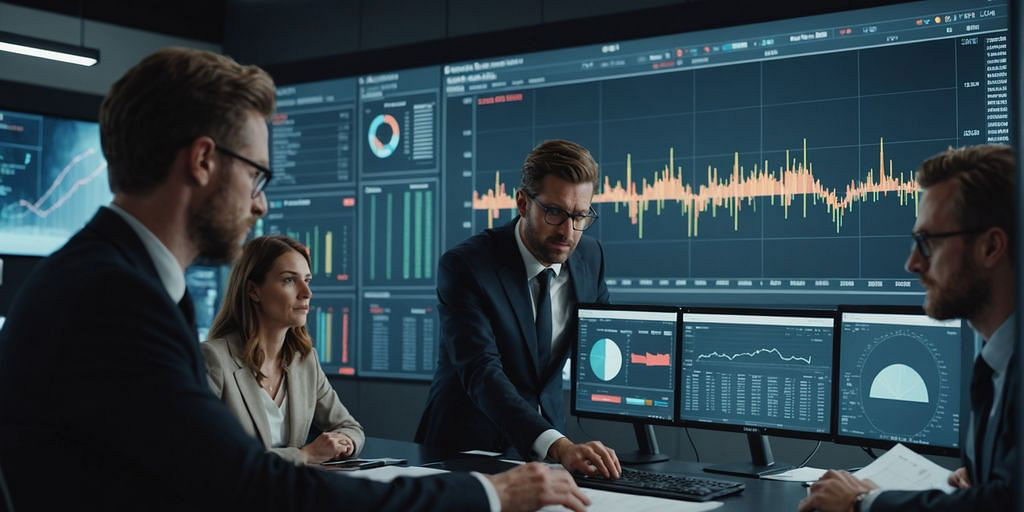Team reviewing financial charts on a large display.