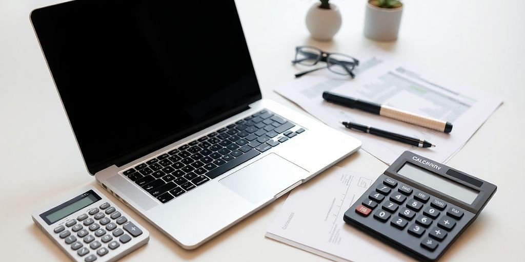 Modern workspace with laptop and financial documents.