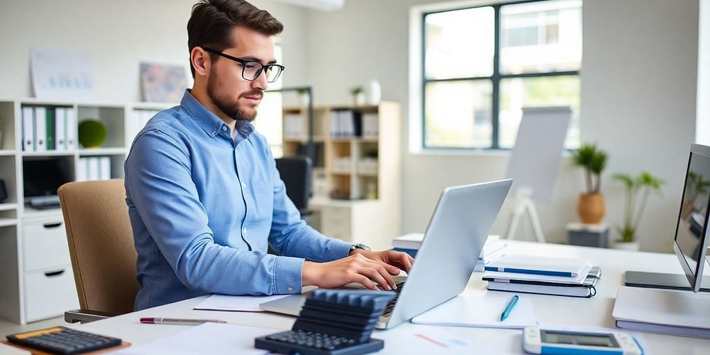 Small business owner using accounting tools in an office.
