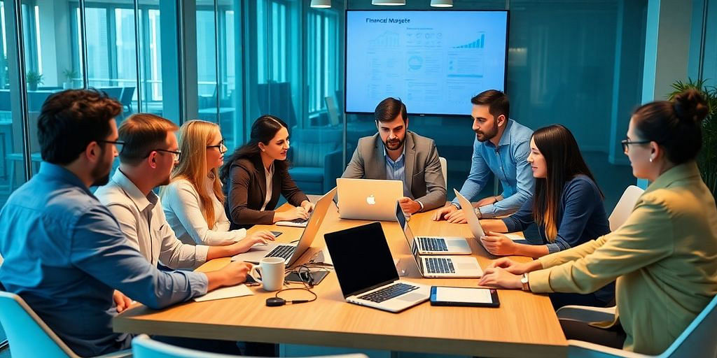 Diverse professionals collaborating in a modern office setting.