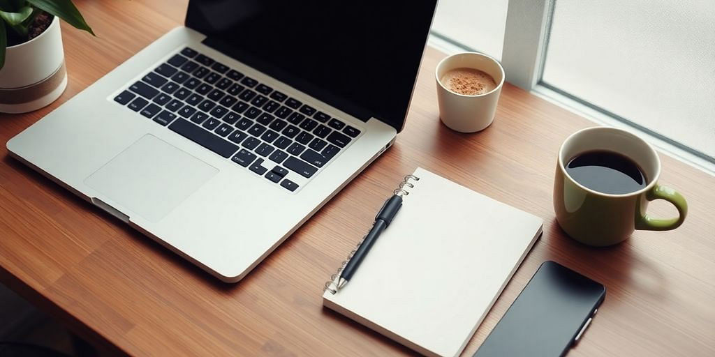 A cozy workspace with laptop, notebook, and coffee.