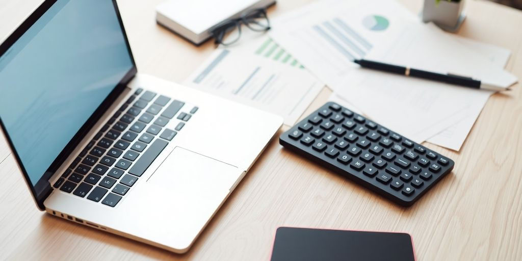 Modern workspace with laptop and financial documents.