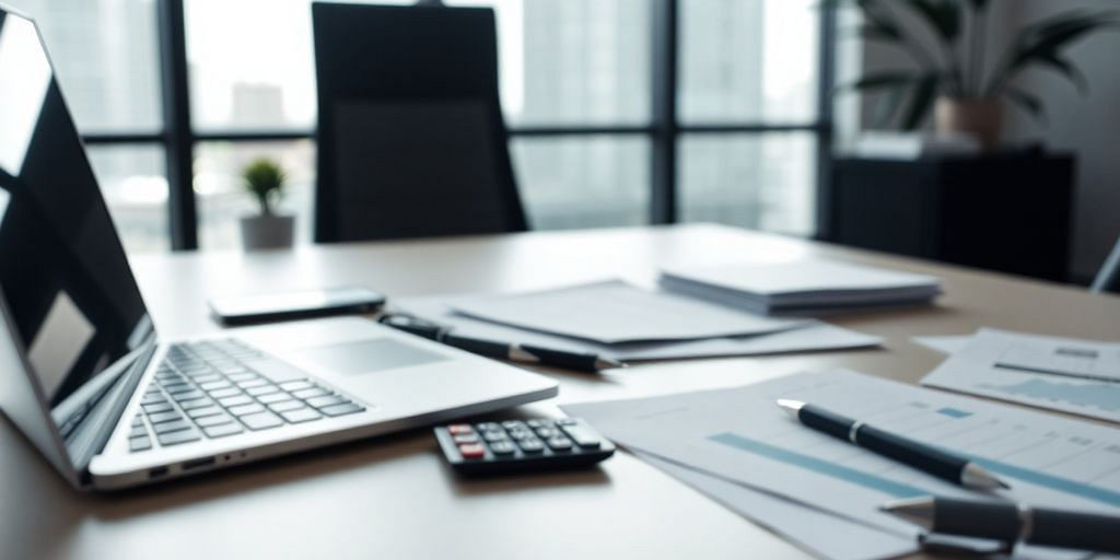Modern office desk with laptop and financial documents.