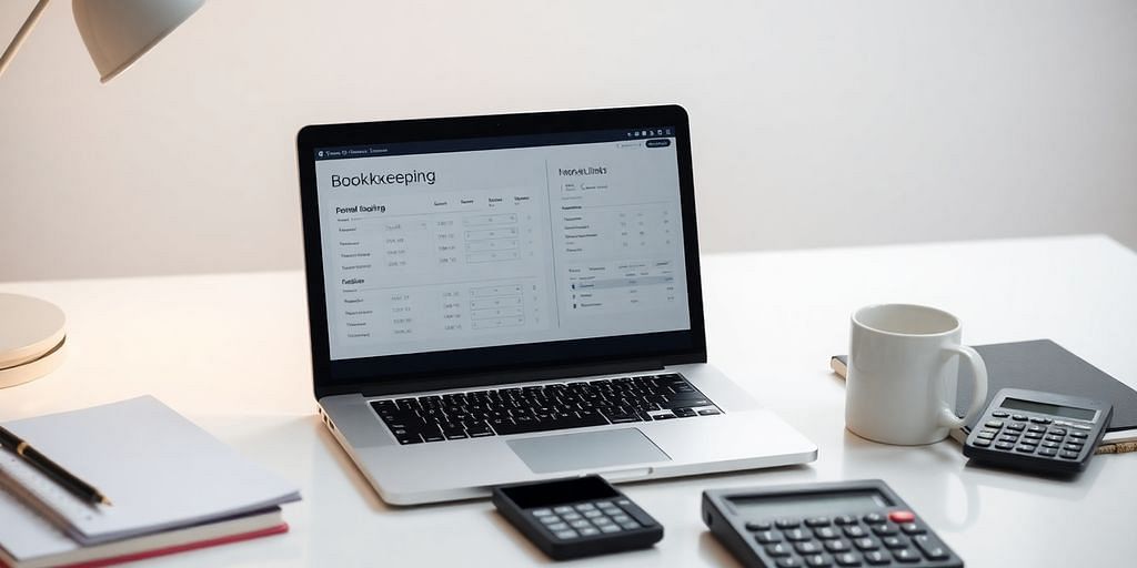 Modern workspace with laptop and bookkeeping tools.