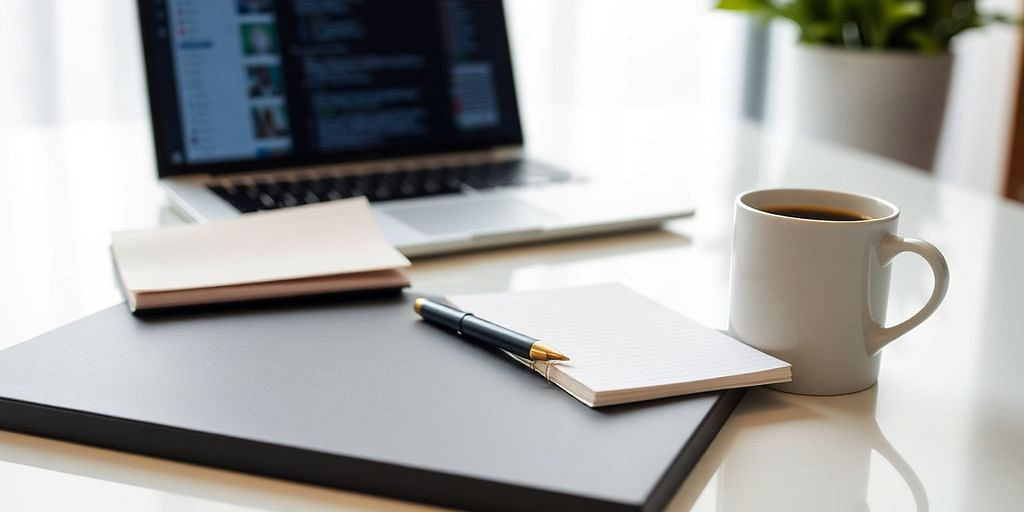 Modern workspace with laptop, notepad, and coffee cup.