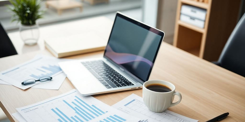 Office workspace with laptop and financial documents.