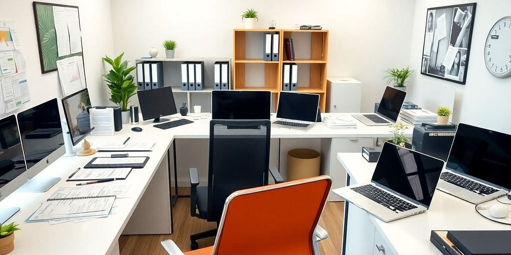 Modern office workspace with accounting tools and laptops.
