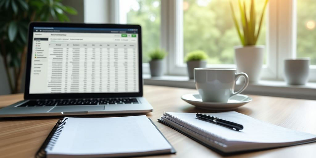 Modern workspace with laptop and notepad for bookkeeping.