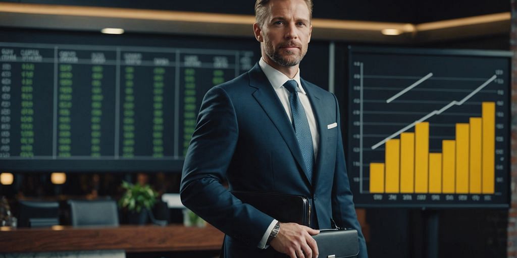 Business consultant with briefcase beside a growing bar graph and dollar signs, symbolizing financial success and growth.