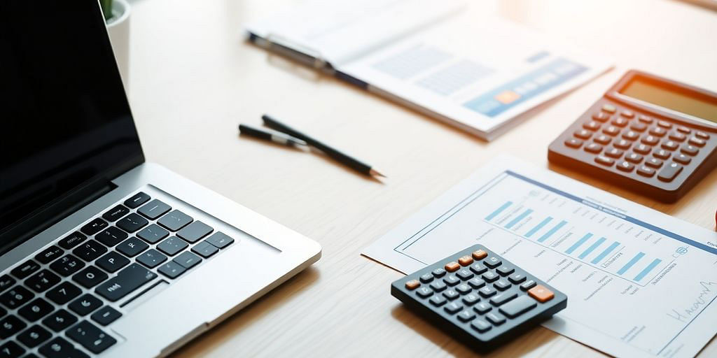 Modern office with laptop and financial documents.