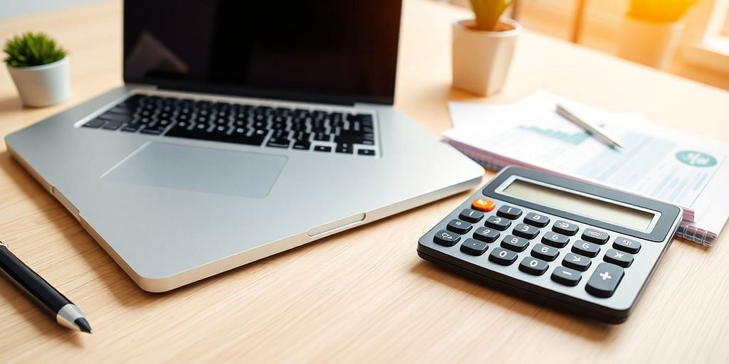Modern workspace with laptop and financial tools.