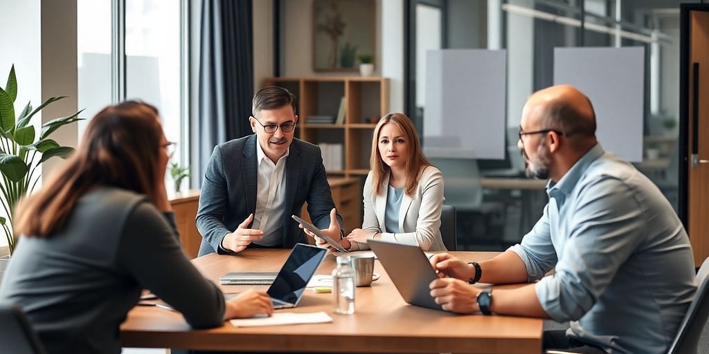 CFO consulting with small business owners in an office.