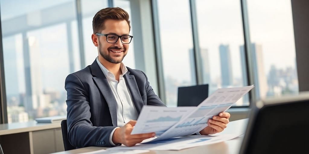 Business professional analyzing data in a modern office.