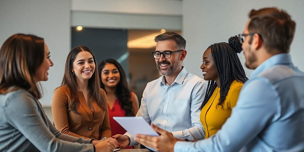 CFO collaborating with a diverse team in a modern office.
