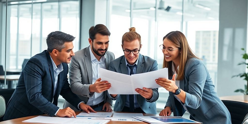 Business team collaborating on strategy in a modern office.