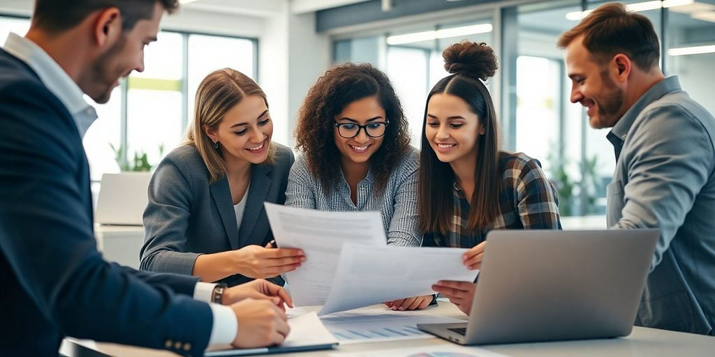 Diverse professionals collaborating in a modern office.