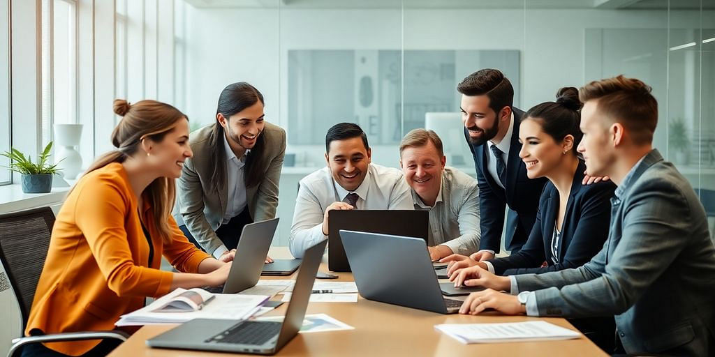 Diverse finance team collaborating in a modern office setting.