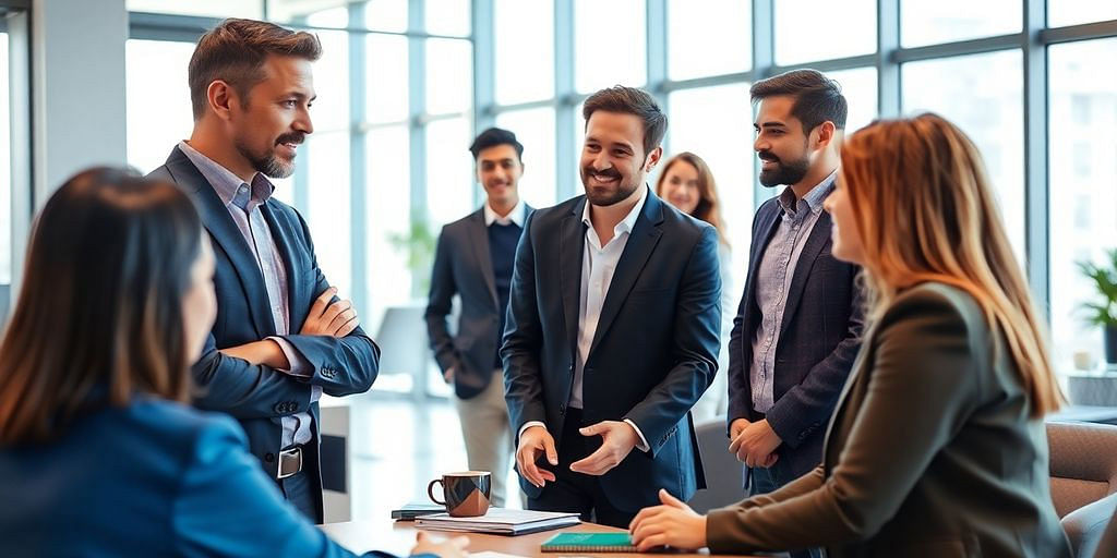 CFO collaborating with team in a modern office.
