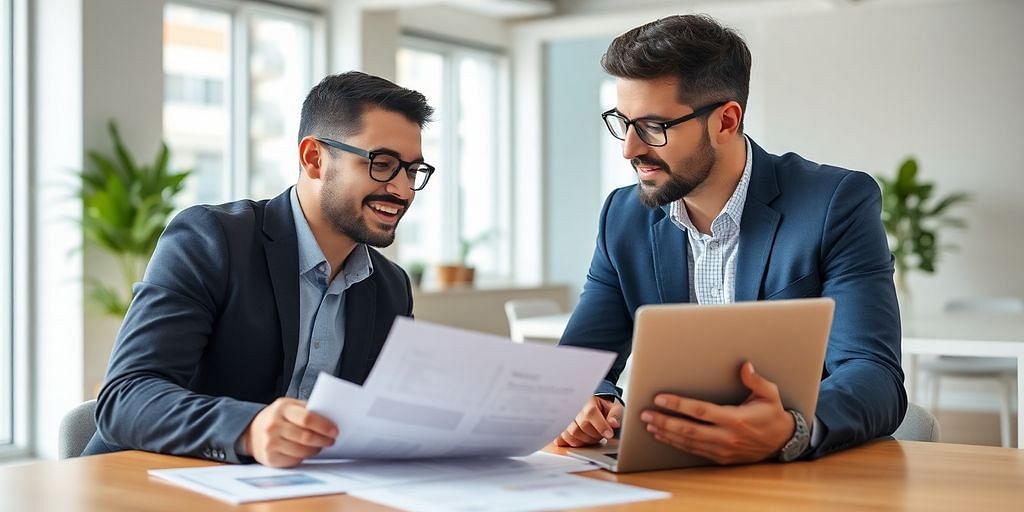 Small business owner consulting with a CFO in office.