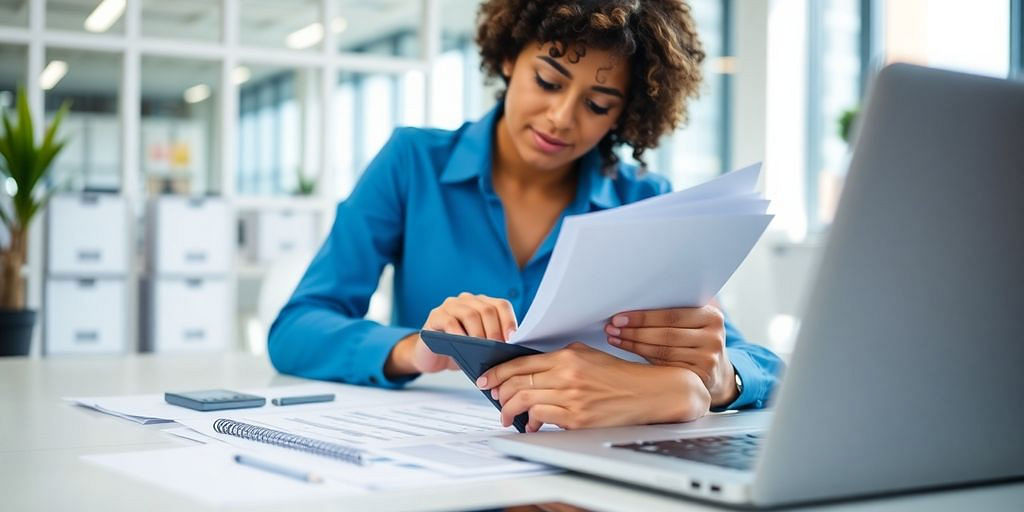 A person managing financial documents in a modern office.