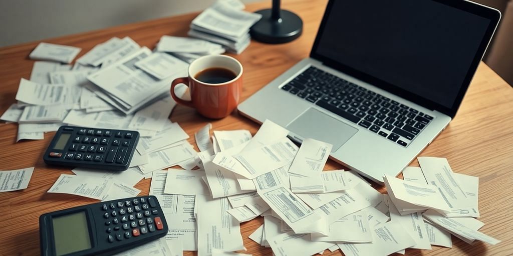 Cluttered desk with receipts, calculator, and laptop.