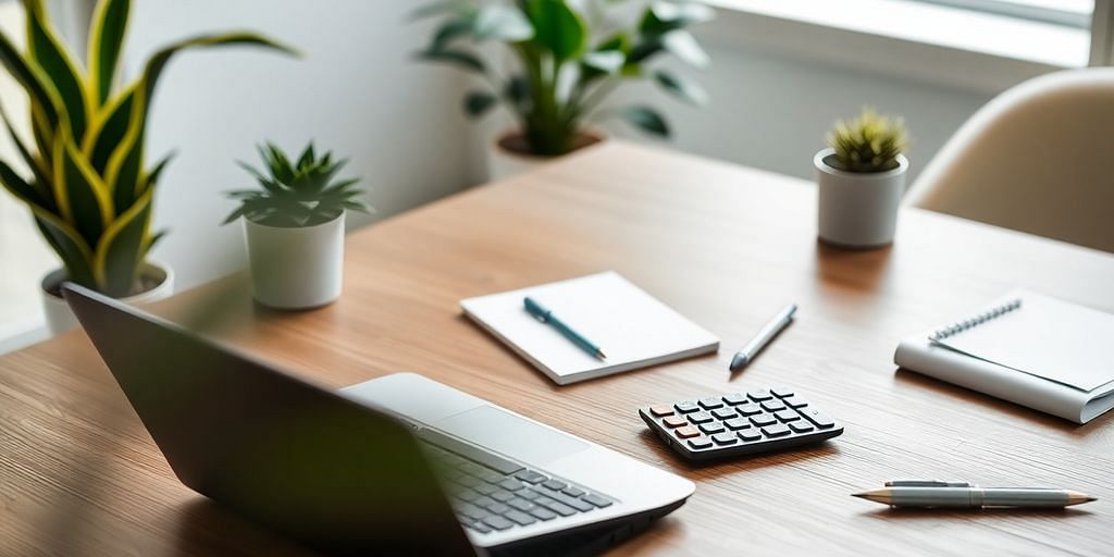 Modern workspace with laptop and calculator for accounting.