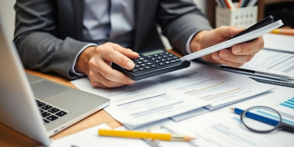 Accountant analyzing financial documents with office supplies.