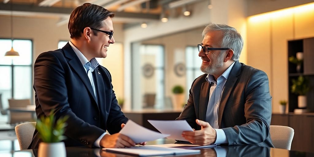 Professional advisor and client in modern office discussing.