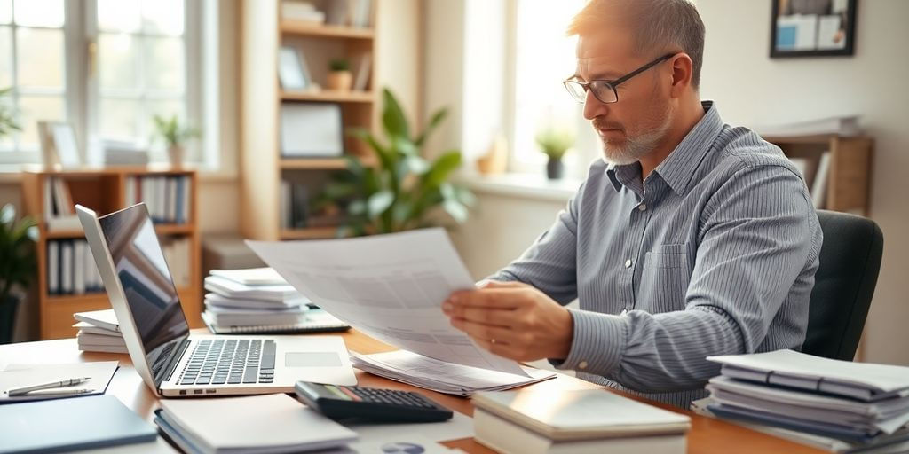 Small business owner reviewing financial documents in an office.