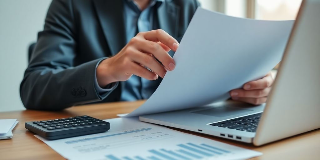 Small business owner with financial documents and calculator.