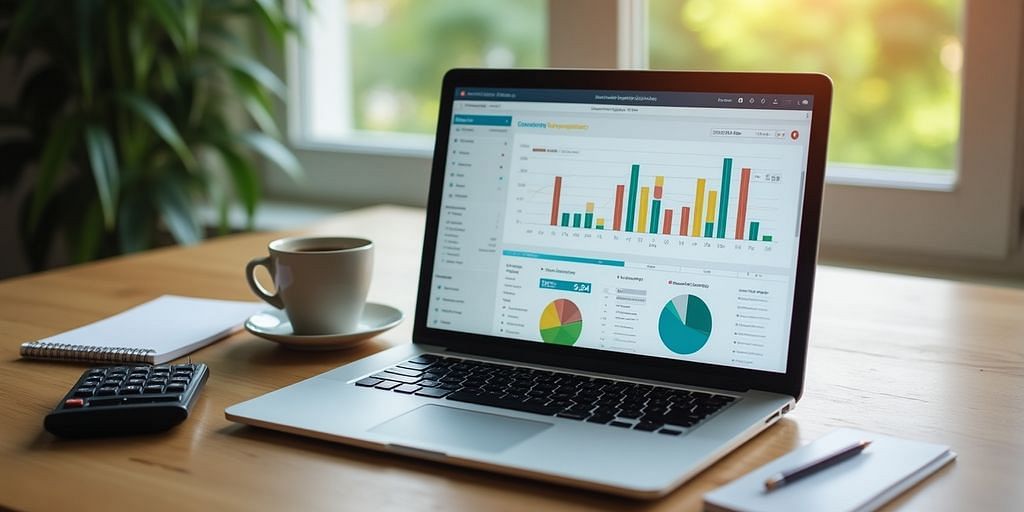 Laptop with accounting software and workspace accessories.