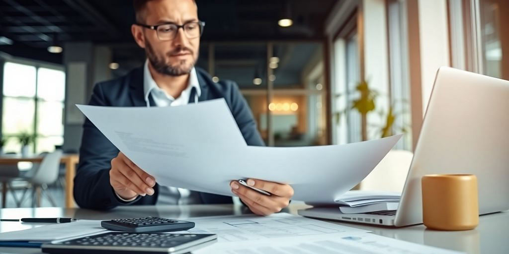 Accountant reviewing financial documents in a modern office.