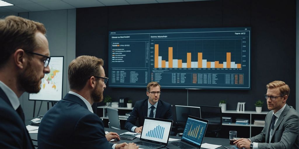 Business professionals in a modern office discussing financial charts on a large screen, representing fractional financial services.