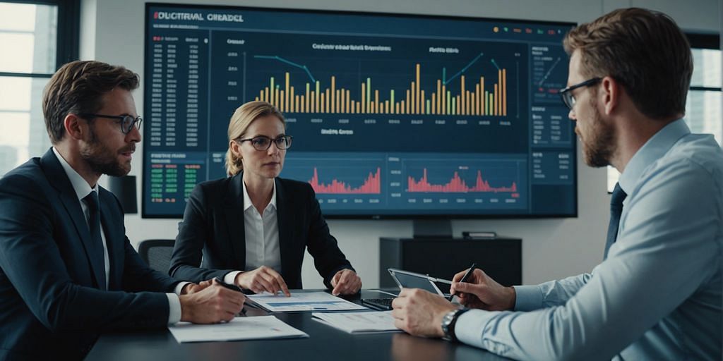 Business professionals in a modern office discussing financial charts, representing future trends in fractional financial services.