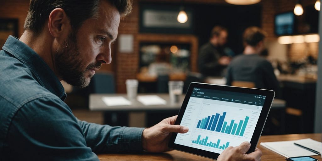Small business owner reviewing financial data on tablet.