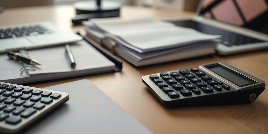 Modern workspace with calculator, ledger, and laptop.