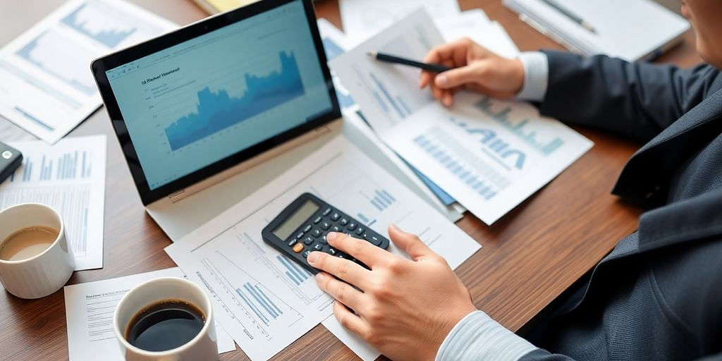 Small business owner managing finances at a desk.