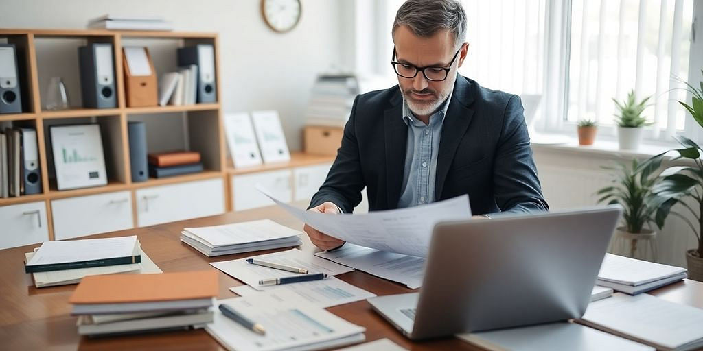 Small business owner reviewing financial documents in an office.