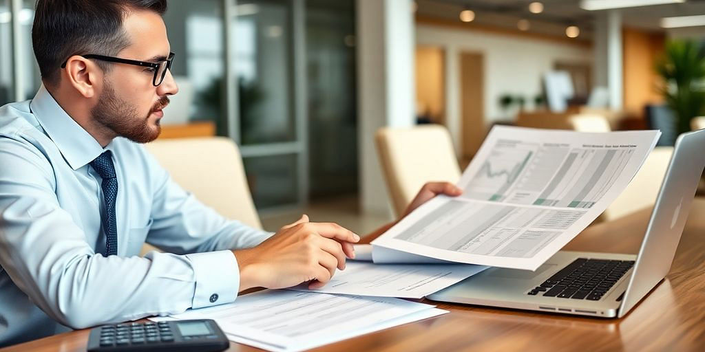 Accountant reviewing financial documents in a modern office.