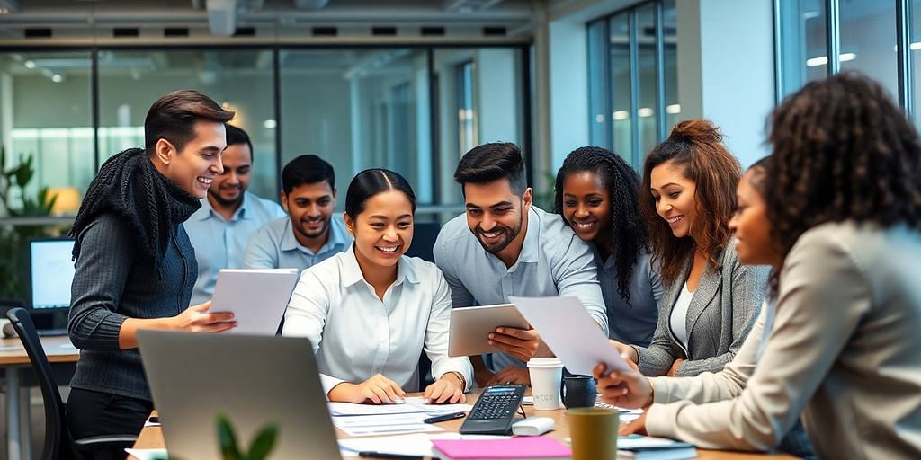 Diverse team collaborating in a modern office setting.