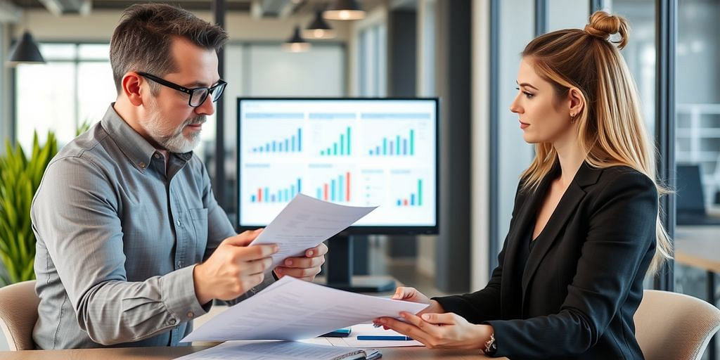 Business owner and bookkeeper reviewing financial reports